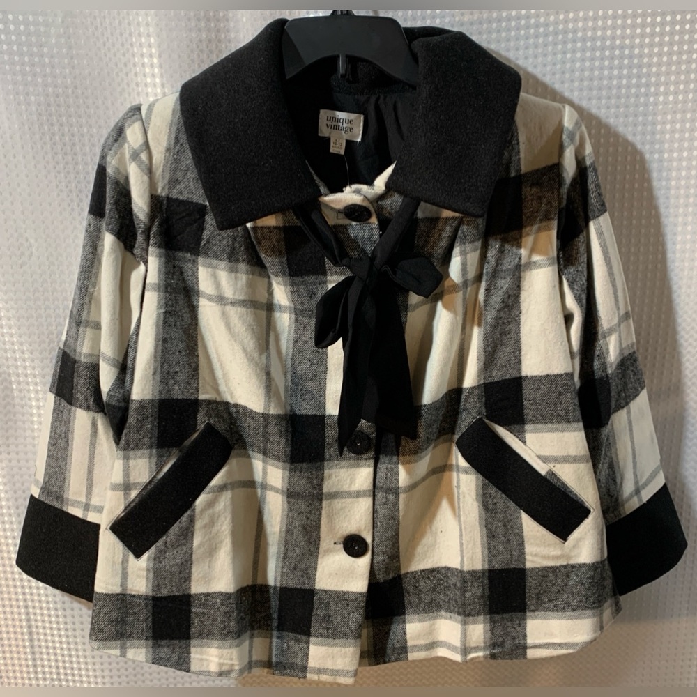 Unique Vintage Black and White Plaid Wool Swing Coat